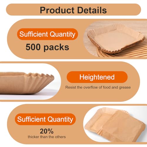500 Pcs Air Fryer Paper Liners, 8” Square Disposable Parchment Paper Liner for 5-8 QT Air Fryer, Non-Stick, Oil Proof Unbleached Airfryer for Baking, Roasting Microwave