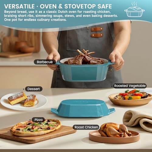 Enameled Cast Iron Dutch Oven for Bread Baking – 3QT Oval Round Heavy Duty Bread Pan with Lid, Non-Stick Ceramic Coating,Loaf Cast Iron Bread Oven for Sourdough, Baking, Roasting, Braising, Stovetop & Oven Safe - color: Blue