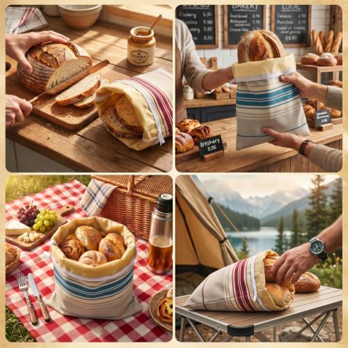 4-Pcs XL Beeswax Bread Bag Set: 2 Bags, Bowl Cover & Cleaning Sponge - color: Striped