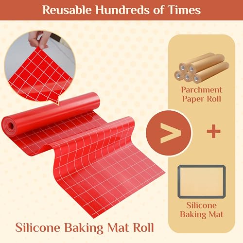 GTJ Silicone Baking Mat Roll, Reusable Baking Sheet Liners, 16 in x 10 ft - color: Red + White Line, size: 120"L x 16"W