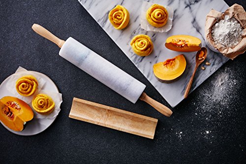 JEmarble Rolling Pin-Wooden Handles(White)(Premium Quality) Polished Surface 18-inch(10"Barrel) Genuine Stone Non-stick Save Effort Easy to Clean - color: Wooden Handle(White)