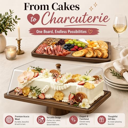 Medium 14" Acacia Wood Cake Stand with Square Lid, 2-in-1 Rectangular Dessert Table Display Set & Charcuterie Board, Shatterproof Acrylic Cover Serving Tray, Cupcake Stand - size: 14" Acacia Cake Stand