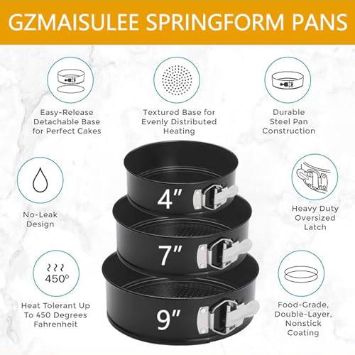 Springform Cake Pan Set of 3 (4, 7, 9 Inch) Round Leakproof Nonstick Cheesecake Pans with Removable Bottom Carbon Steel Bakeware - style: Round