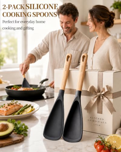 Astercook Cooking Spoon, 2 Pack, Nonstick Safe Silicone Spatula - color: Black