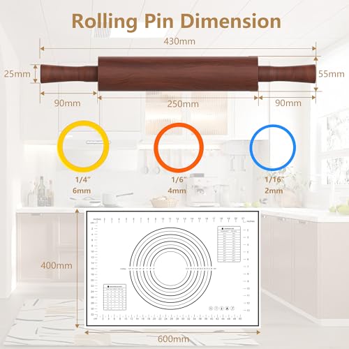 Wood Rolling Pin,17''Sapele Roller with 3 Thickness Rings &Pastry Mat,Brown - color: Brown+Mat