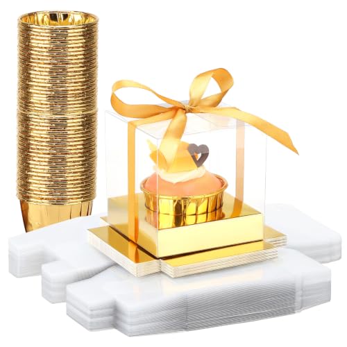 EUSOAR Cupcakes Boxes with Gold Cupcake Cups, 50pcs 3.5 Inch Cupcakes Containers and 50pcs 3.5oz Disposable Ramekins, Transparent Dessert Pastry Cupcakes Carrier for Wedding Party Favor Bakery - color: Gold