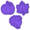 Pumpkin, Maple leaf, Turkey cookie cutters stamp combo - Fall series - 15mm deep Cookie cutter, Image press - Marshmallow Bliss - color: Pumpkin, maple leaf, turkey combo