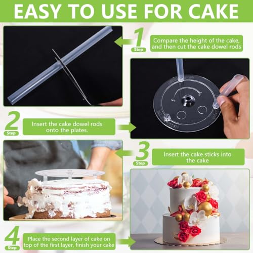 KISEER 5 Pieces Cake Separator Plates Stands with 24 Pieces Plastic Cake Dowels Rods and 15 Pieces Clear Cake Sticks Support Stacking for 4 6 8 10 12 Inch Tiered Cakes