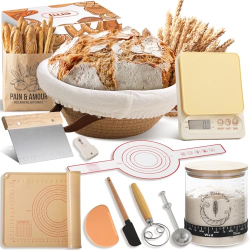 Emojoy Sourdough Starter Kit, Sourdough Bread Baking Supplies with 9" Round Bread Proofing Basket, Large Capacity Sourdough Starter Jar, Food-Grade Silicone Pastry Mat, Kitchen Scale