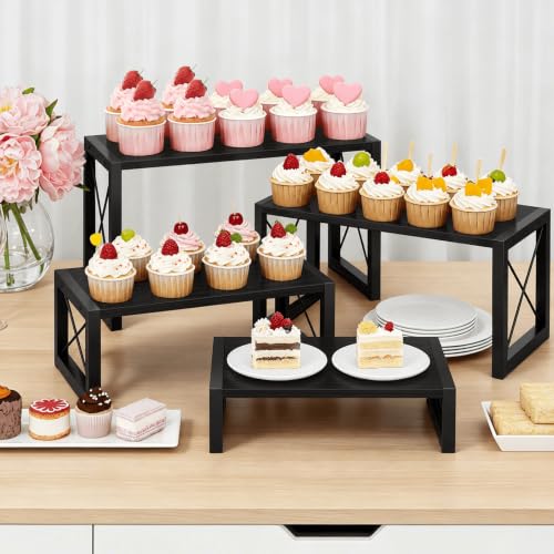 ELITEROO Wooden Risers Display Stands, 4 Tier Cupcake and Dessert Display Stand, Nesting Riser for Buffet Table for Cup Cake, Food, Collectibles, and Market Vendor Events Retail Shelf Organizer, Black - color: 4 Tier, Black