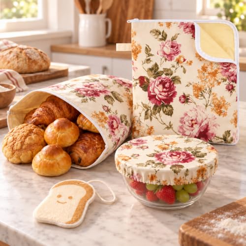 4-Pcs XL Beeswax Bread Bag Set: 2 Bags, Bowl Cover & Cleaning Sponge - color: Flower
