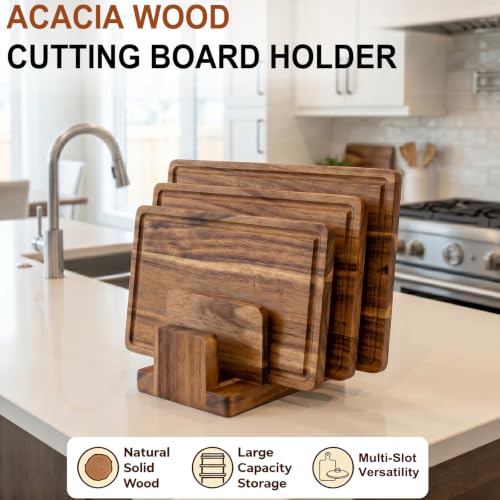 Acacia Wood Cutting Board Holder, 4-Slot Cutting Boards Organizer Storage Rack for Countertop, Wooden Stand for Cutting Boards, Pots, Pans, Lids & Trays | Ideal Housewarming Gift