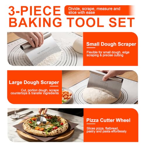 Pizza Accessory Set, 1 Pizza Cutter, 1 Large and 1 Small Dough Scraper