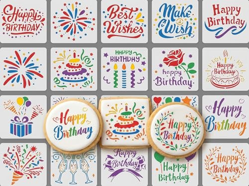 20Pcs 4x4Inch Reusable Birthday Stencils Set for DIY Happy Birthday Cookie/Wood/Wall/Fabric Decor/DIY Crafts (2)
