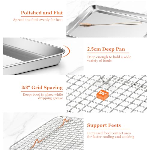 Half Sheet Baking Pan & Wire Rack, Leonyo 17.5" x 13" Large Stainless Steel Cookie Sheets with Cooling Rack Set, Nonstick & Oven Safe Commercial Baking Tray Pans - 4 Pack - size: Half Sheet Pan