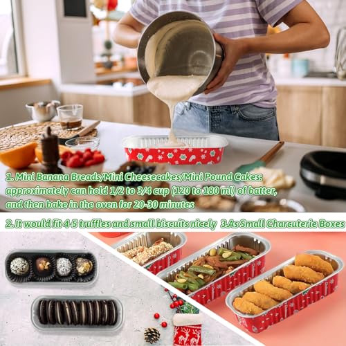 50Pack Christmas Mini Cake Pans Disposable Mini Loaf Pans with Lids and Spoons, 6.8Oz Aluminum Foil Pans Tins, Individual Dessert Cups Containers for Sales,Party,Picnics - color: 50-Christmas-Red