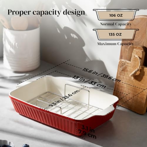 DOWAN 9x13'' Baking Dish with Handles Rack, Deep Casserole Pan & Stainless Steel Roasting Rack for Oven, Chicken & Meat Resting, Ceramic Lasagna Pan, Dishwasher & Microwave Oven Safe-Red - color: Red