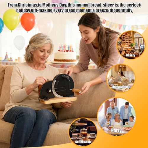 Manual Bread Slicer,Multi-Functional Foldable Hand-Cranked Bread Slicer with Steel Guard Plate and Non-Slip Base Pad Features Adjustable Thickness with Scale Lines for Even slicing Homemade(Black) - color: Black