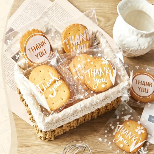 Jutieuo 100pcs Self-Adhesive Thank You Cookie Bags, 4x4 Inch White Polka Dot Clear Cellophane Treat Bags for Individual Dessert Pastry Goodie Candy Cookie Packaging, Party Favors, Bake Sale