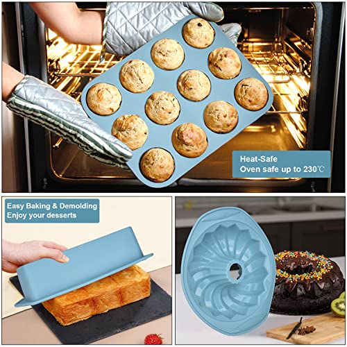 Nonstick Silicone Baking Mat Set, 9-in-1 Heat Resistant Cookie Sheet & Cake Pan Molds for Muffin, Loaf, Pizza, Cheesecake, Cupcake, Pie - Oven Bakeware Tools Kit - color: Blue