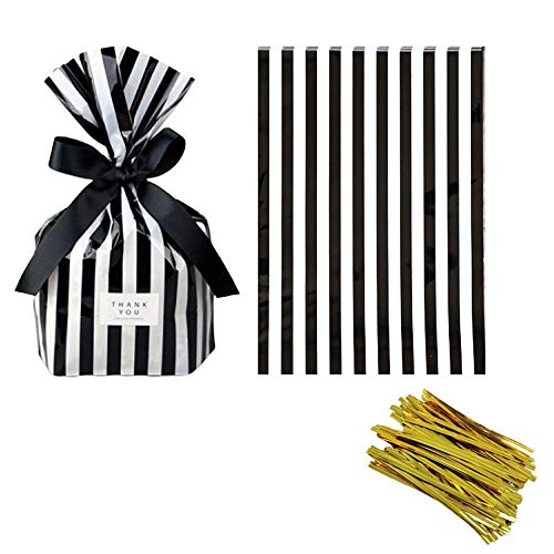 Tim&Lin Black Stripe Clear Cello Candy Favor Bags,Cellophane Cookie Treat Plastic Bags,With Gold Twist Ties, Pack of 50 - color: Black Stripe/50PCS