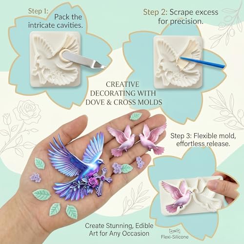 2Pcs Dove Silicone Mold Set, Peace Bird Cross Rose Fondant Molds - color: Dove silicone mold