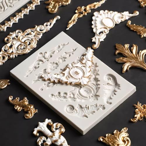 4 Pieces Baroque Silicone Fondant Mold Scroll Border Lace Silicone Molds Curlicues Gum Paste Candy Chocolate Molds for Cake Decorating Sugar Craft Polymer Clay