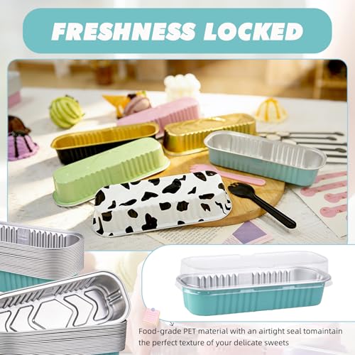 24 Pack Mini Loaf Pans, 7.5oz Mini Cake Pan & Mini Cupcake Pan Set – Disposable Aluminum Baking Pans with Lids, Spoons & Stickers, Premium Sturdy Gift Set for Cakes, Cupcakes, Desserts & Party Treats - color: Blue