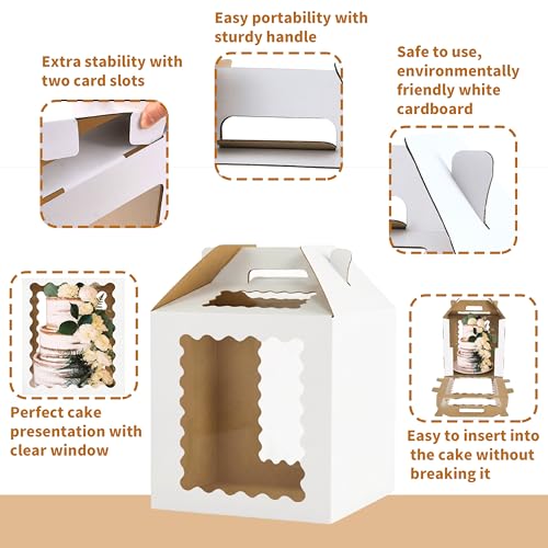 3 Pack 12x12x12 Inch Tall Cake Boxes with windows,10in 12in Large Tiered Cake Box, Disposable Tall Cake Carrier, Layer Tall Baking Carrier with Handle for Wedding, Birthday
