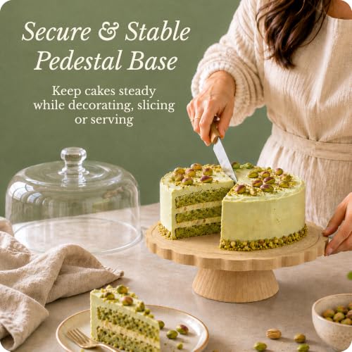 ELIBRE Wooden Cake Plate & Serving Platter with Clear Acrylic Dome Lid