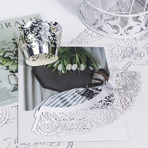 YOZATIA 60 Silver Vine Lace Cupcake Wrapper, Laser Cut Cupcake Liners for Weddings Birthdays Tea Parties and any Special Event- Silver - color: Silver