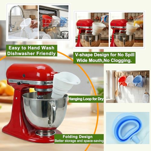 Flour Funnel for Kitchen Aid Mixer with Spatula & Brush Set - Silicone Collapsible Stand Mixer Attachment Compatible with KitchenAid 4.5-5 QT Tilt-Head (KSM150), Mess Free Dishwasher Safe (Blue) - color: BLUE