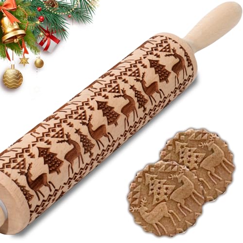 Christmas Embossed Rolling Pin for Baking Cookies Embossing Rolling Pins with Design Wooden Engraved Springerle Roller Pin Animal Dough Patterned Clay Pottery Ceramic Bakers Women (Reindeer & Tree) - color: Christmas Reindeer