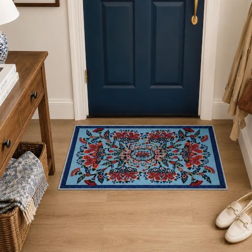 Lotus Entry Rug 2x3 Washable Accent Rug - color: Blue Flower, size: 2' x 3' (Rectangular)