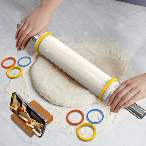 18.5'' Marble Rolling Pin,Stainless Steel Handles,3-Thickness Rings & Stand