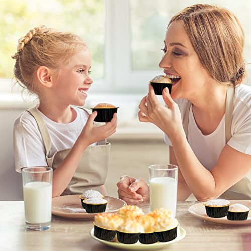 100Pcs Aluminum Cups with Lids,5oz Disposable Ramekin Baking Cups Muffin Liners Mini Pie Pans Foil Cupcake Containers for Christmas Party Wedding,Black Gold - color: Black/Gold