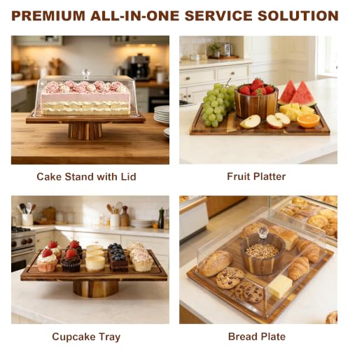 OUEST 17” Rectangular Acacia Wood Cake Stand with Shatterproof Acrylic Lid