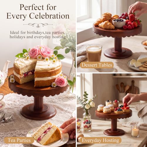 LemonRoad 3 Pcs Scalloped Wooden Cake Stand Set Rustic Cupcake Stand, Wood