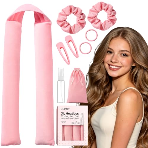 LitBear Jumbo Heatless Curls Overnight Set for Long Thick Hair, Pink