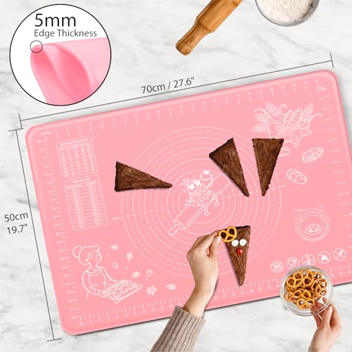 Silicone Pastry Mat 28" x 20" Extra Thick Non Stick Baking Mat with Measurements and Edge Heightening, Food Grade Silicone Rolling Mat for Pastry, Bread, Cookies, Pizza, Fondant, Pasta - Pink - color: Pink, size: 28"L x 20"W
