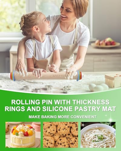 16.7" Wooden Rolling Pin with Adjustable Thickness Rings Set - color: Wooden, 16.7", Set 1
