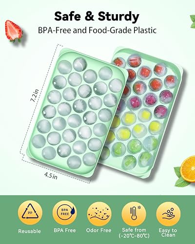 Ice Cube Tray with Lid and Bin, 64 Pcs Mini Round Ice Ball Molds for Freezer with Scoop, 0.8 Inch Sphere Maker, Easy Release Silicone Base, for Coffee, Cocktails (2 Pack, Fresh Green)
