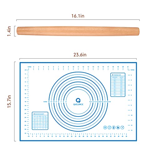 Wood French Rolling Pin for Baking, QUELLANCE Wooden Dough Roller with Silicone Baking Mat, Beech Wood Rolling Pins for Baking Dough, Pizza, Pie, Pastries, Pasta and Cookies,Blue Pastry Mat - size: BL-16 inch