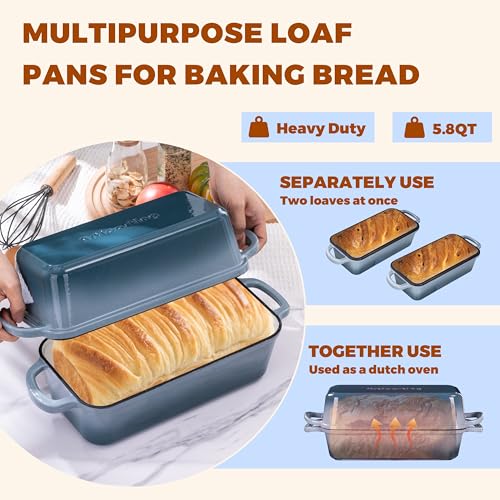 Cast Iron Loaf Pan with Lid, 11x5 Inch 5.8 Qt Sourdough Pan - color: Seasalt, size: 11x5 Inch