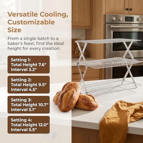 Collapsible Cooling Rack with Adjustable 3 Setting, Wire Cooling Roasting Cooking Baking Drying Rack for Cookies Bread Turkey, Candy, Fruit, Snacks (Silver- 3 Tier) - size: Silver- 3 Tier