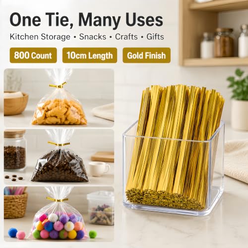 800 Pcs 3.94" Gold Metallic Twist Ties - Reusable, Perfect for Plastic & Cellophane Bags, Bread, Candy & Treat, Party Gift Wraps