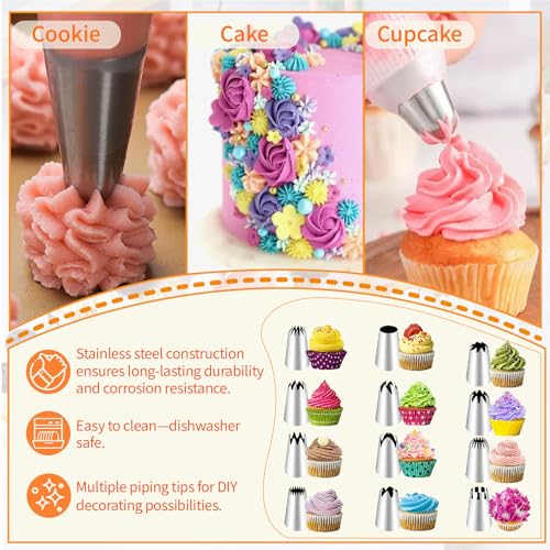 Large Piping Tips Set - 14pcs Reusable Stainless Steel Icing Nozzles Kit Cake Decorating Tools For Cupcake Cookie Pastrys Dough
