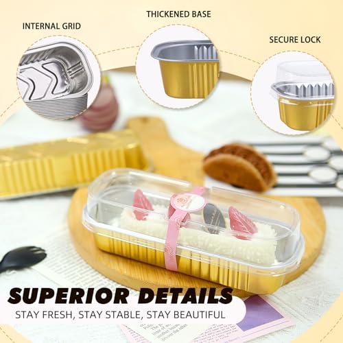 24 Pack Mini Loaf Pans, 7.5oz Mini Cake Pan & Mini Cupcake Pan Set – Disposable Aluminum Baking Pans with Lids, Spoons & Stickers, Premium Sturdy Gift Set for Cakes, Cupcakes, Desserts & Party Treats - color: Gold