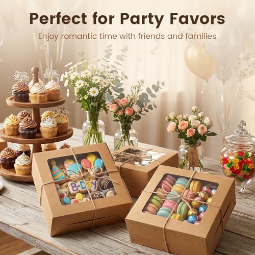 OAMCEG 6x6x3Inch Cupcake Boxes with Window,50 Pcs Cookie Bakery Boxes,Brown - color: brown-stickerA-50pcs
