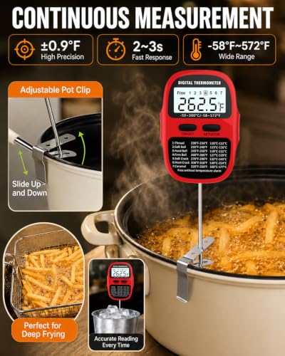 Candy Thermometer Digital Deep Fry Oil Thermometer with 7 Preset Modes - color: RED